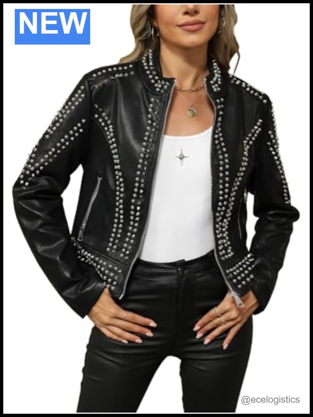 Faux Leather Moto Jacket Women Studded Rivet Punk Rock Concert Wear